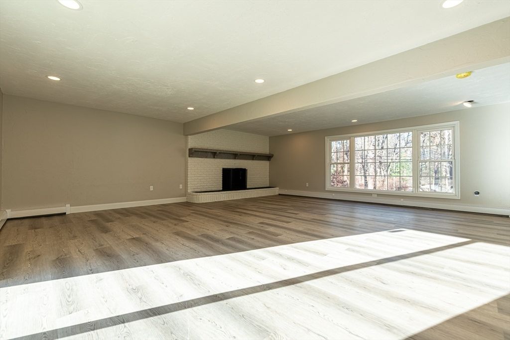 Empty room, Fireplace, Interior, Recessed Lighting, Wood Texture Flooring