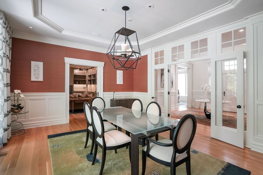 Dining room, Interior, Pendant Lights, Recessed Lighting, Wood Texture Flooring