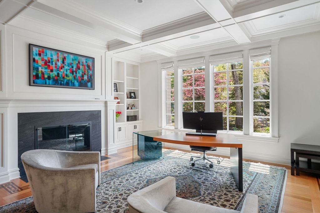 Fireplace, Home Office, Interior, Recessed Lighting, Wood Texture Flooring