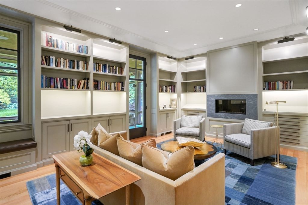 Fireplace, Interior, Living room, Recessed Lighting, Wood Texture Flooring