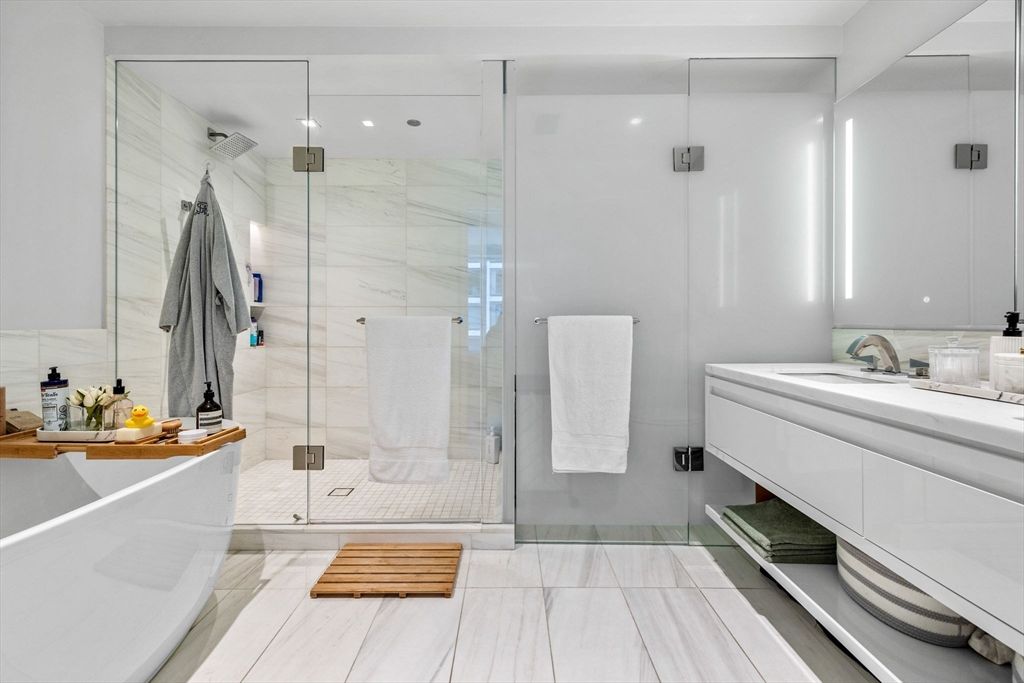 Bathroom, Glass Shower, Interior, Marble Walls, Recessed Lighting