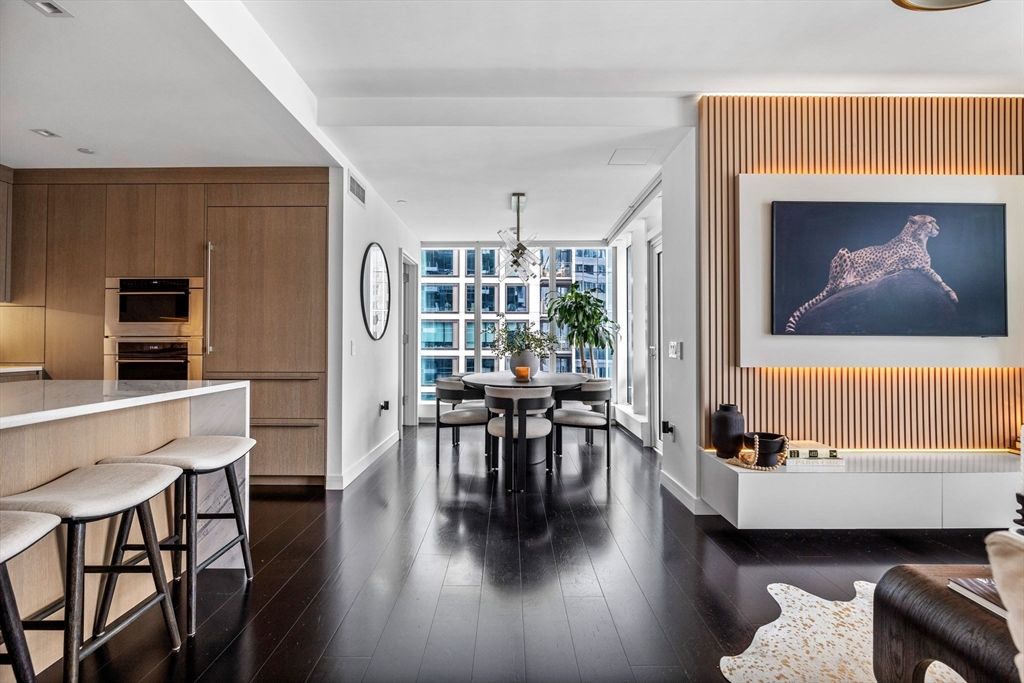 Chandelier, Dining room, Interior, Kitchen, Recessed Lighting, Stainless Steel Appliances, Wood Texture Flooring