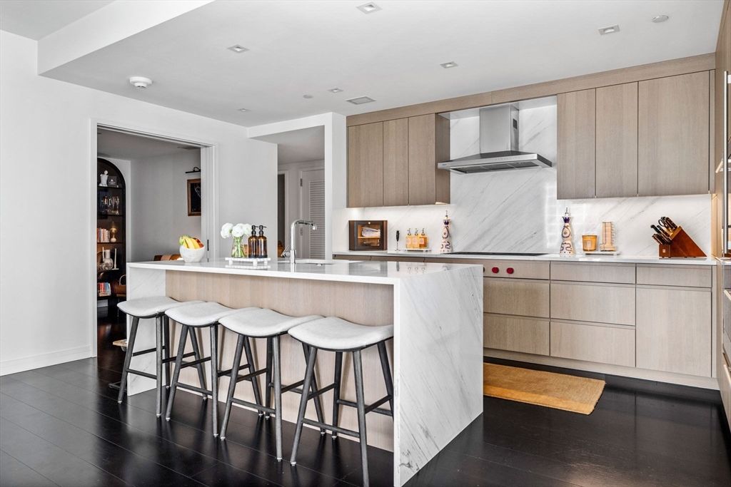 Interior, Kitchen, Marble Walls, Recessed Lighting, Wood Texture Flooring