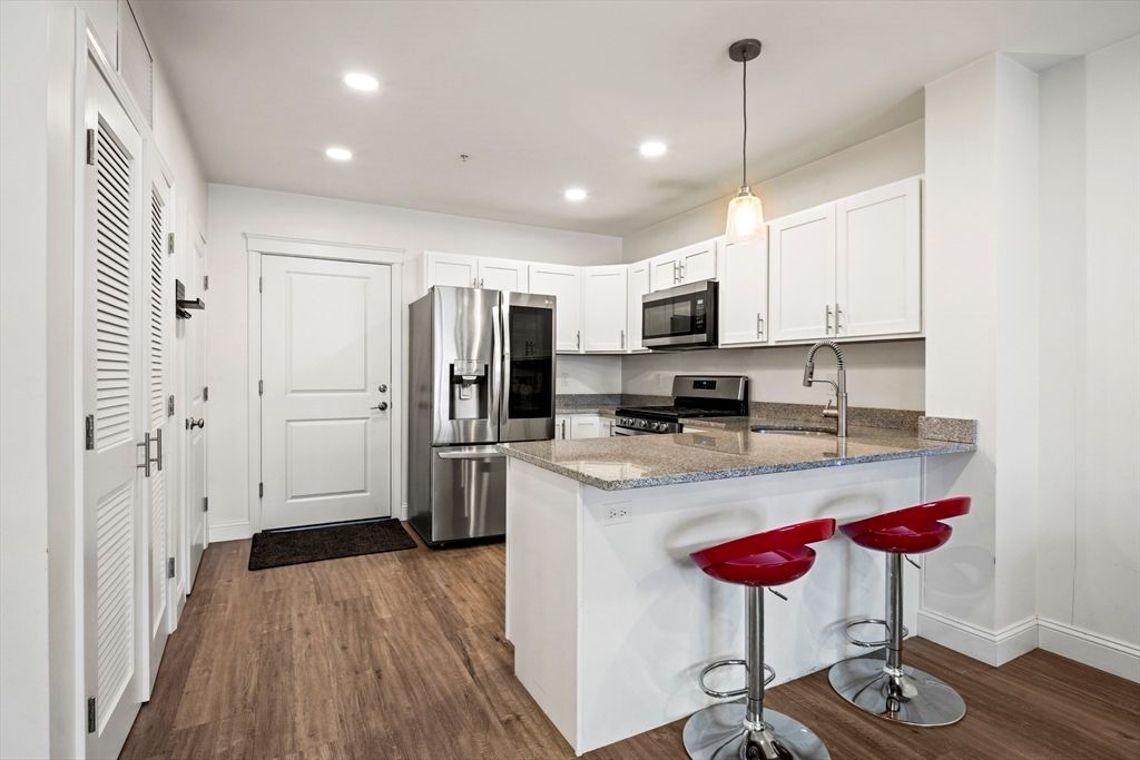 Interior, Kitchen, Pendant Lights, Recessed Lighting, Stainless Steel Appliances, Wood Texture Flooring