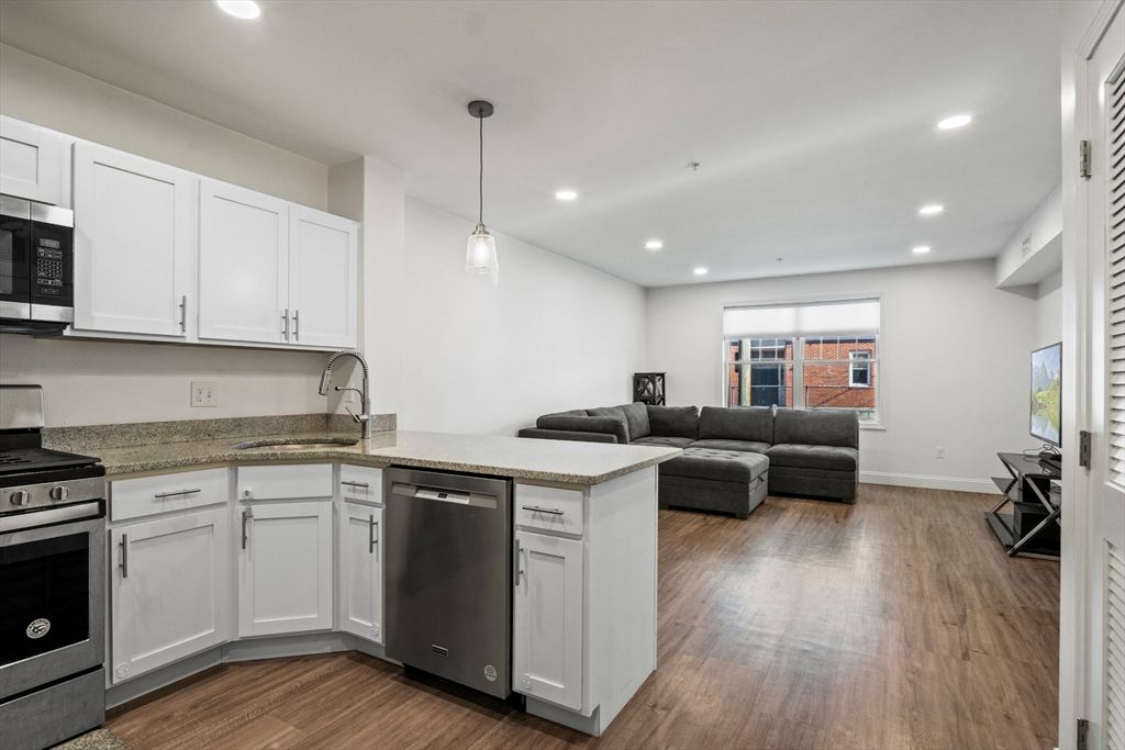 Interior, Kitchen, Living room, Pendant Lights, Recessed Lighting, Stainless Steel Appliances, Wood Texture Flooring