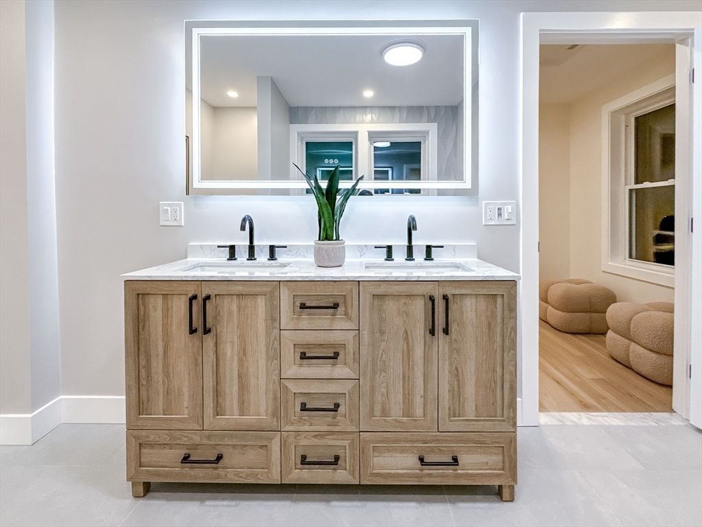 Bathroom, Dual Sink Vanities, Interior, Recessed Lighting, Wood Texture Flooring