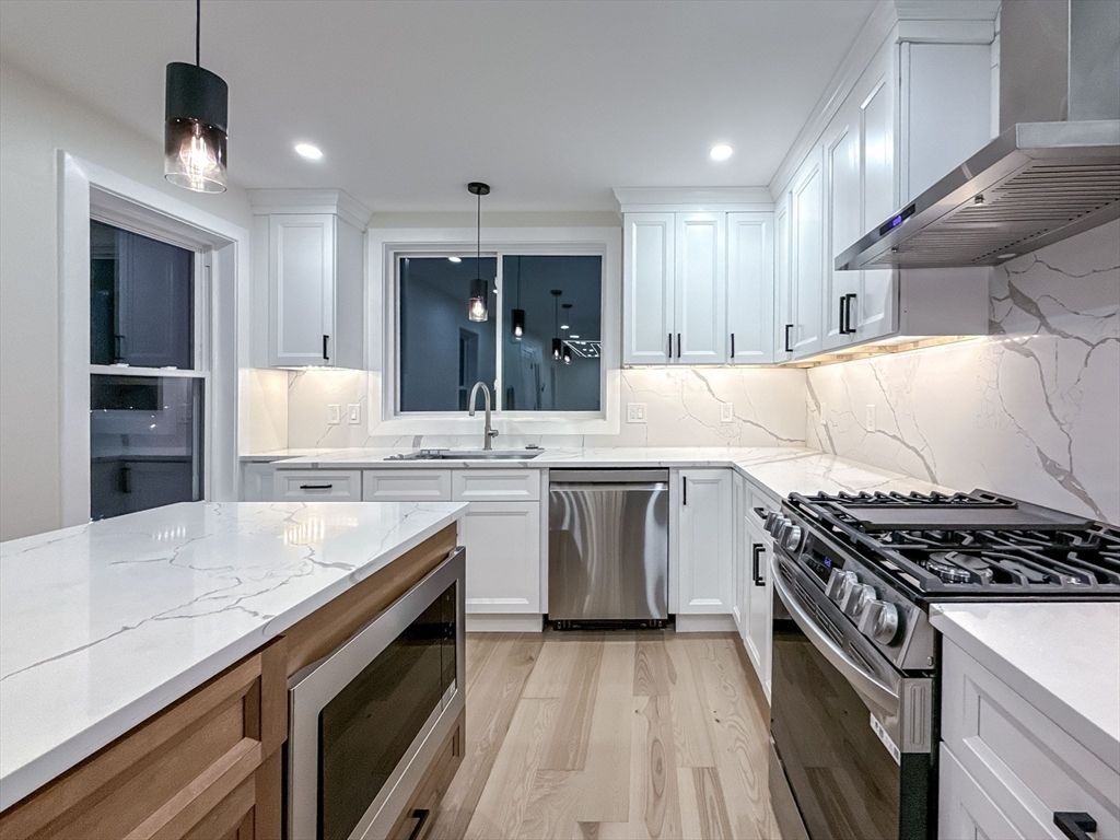 Interior, Kitchen, Pendant Lights, Recessed Lighting, Stainless Steel Appliances, Wood Texture Flooring