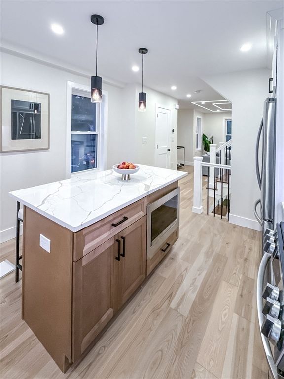 Interior, Kitchen, Pendant Lights, Recessed Lighting, Wood Texture Flooring