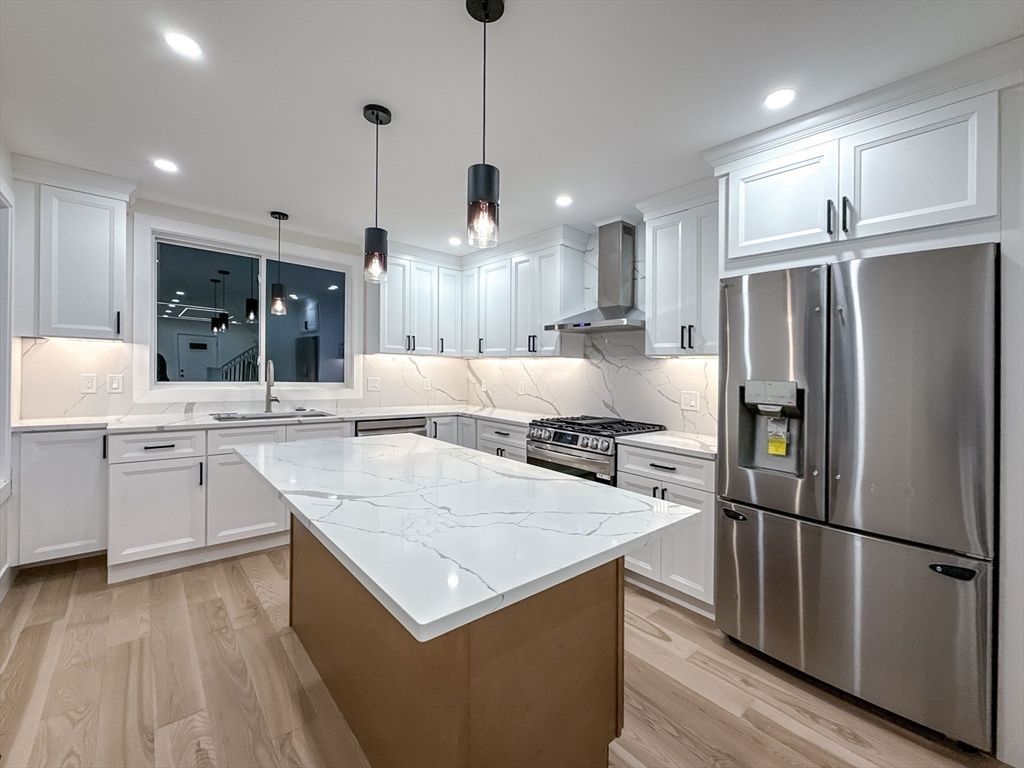 Interior, Kitchen, Pendant Lights, Recessed Lighting, Stainless Steel Appliances, Wood Texture Flooring