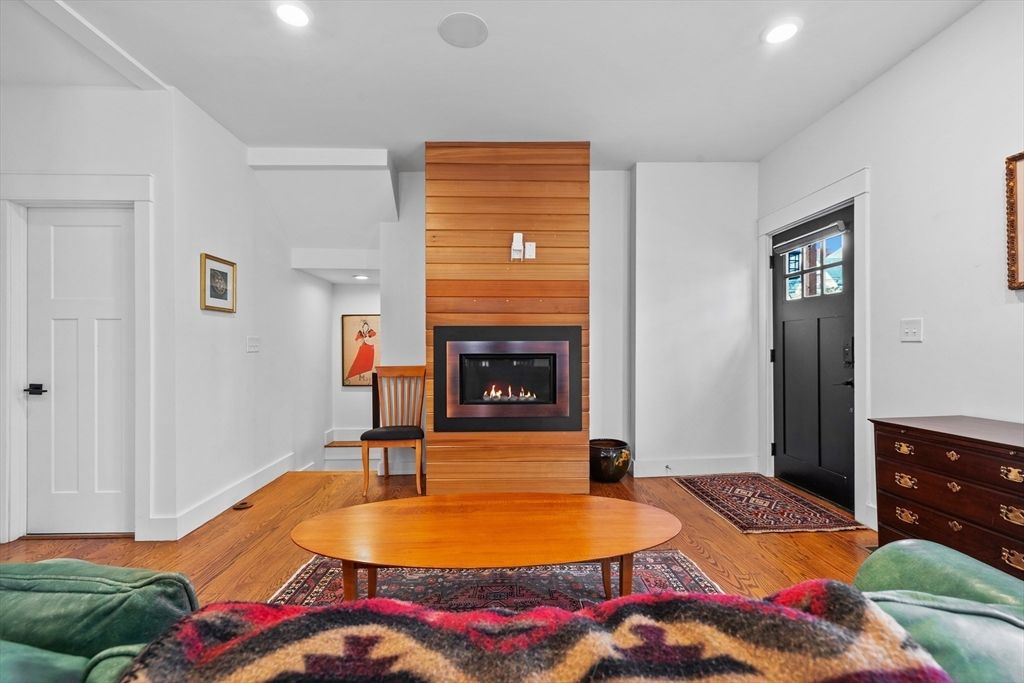 Fireplace, Interior, Recessed Lighting, Wood Texture Flooring, Wooden Walls
