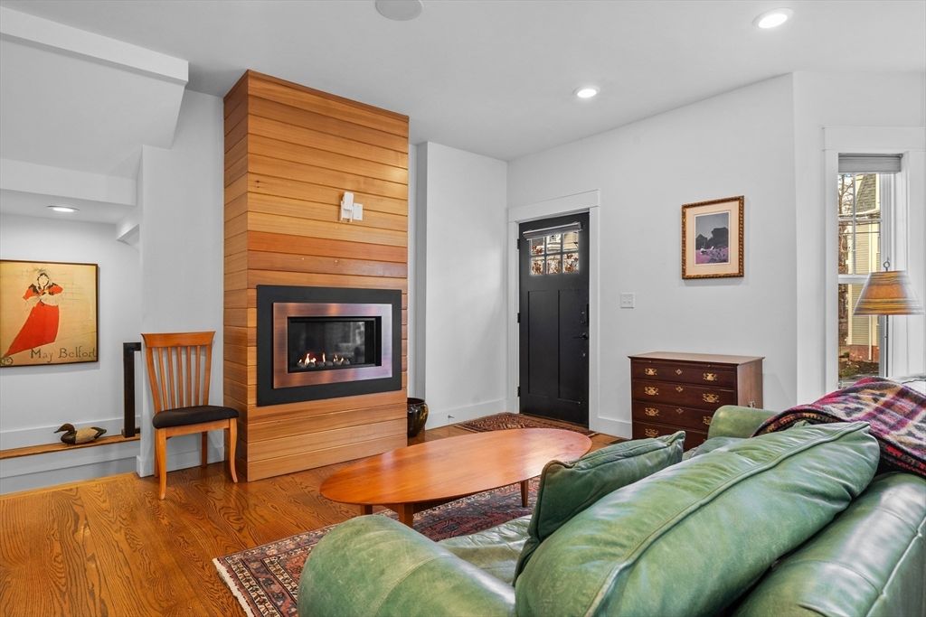 Fireplace, Interior, Living room, Recessed Lighting, Wood Texture Flooring, Wooden Walls