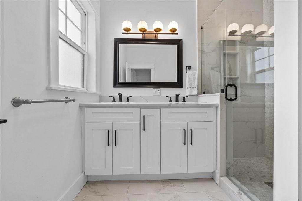 Bathroom, Dual Sink Vanities, Glass Shower, Interior, Marble, Marble Walls