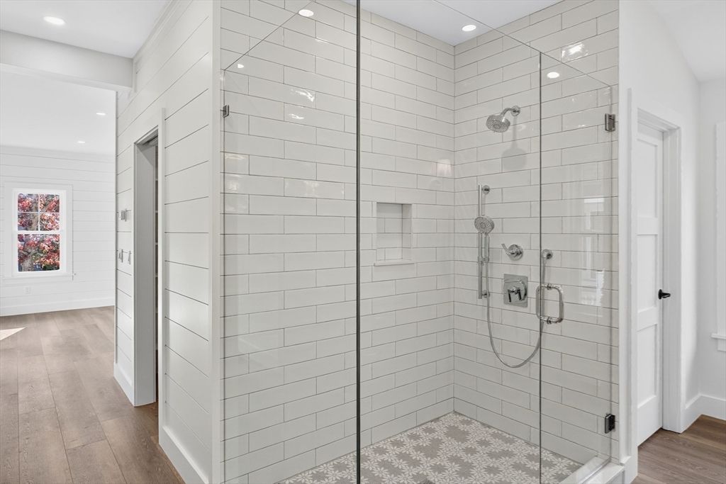 Bathroom, Glass Shower, Interior, Recessed Lighting, Wood Texture Flooring