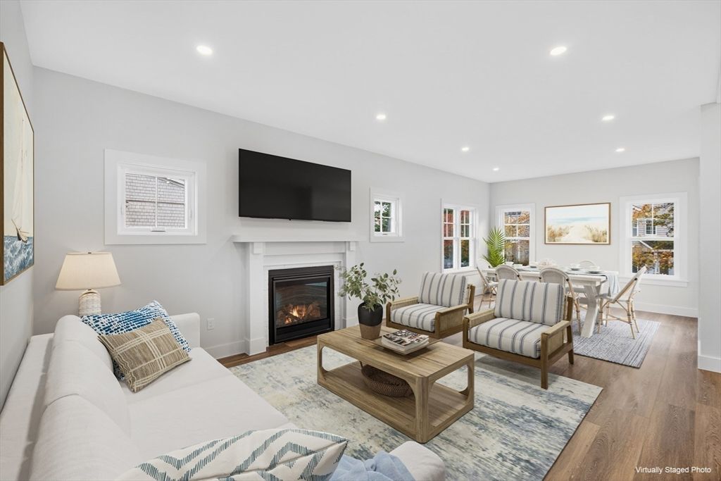 Dining room, Fireplace, Interior, Living room, Recessed Lighting, Wood Texture Flooring
