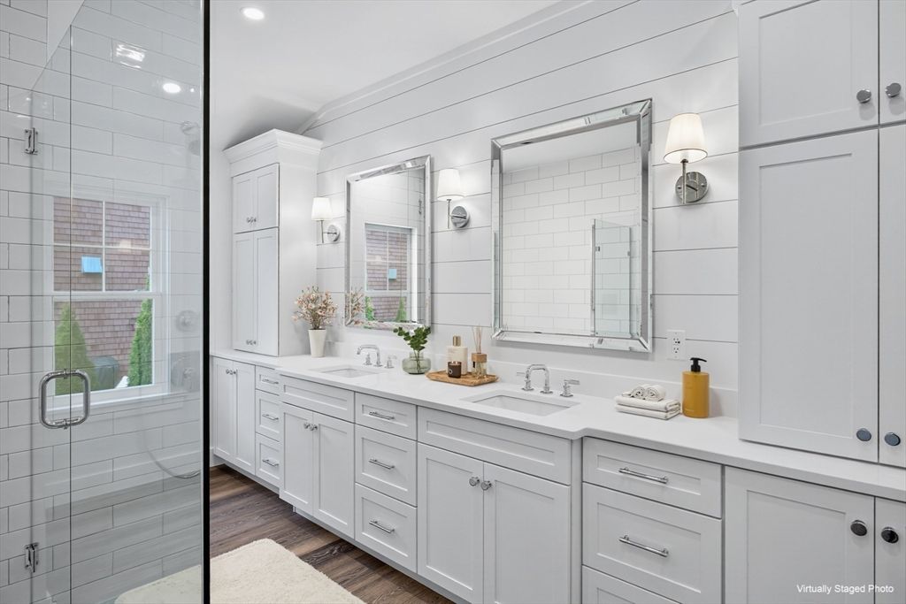 Bathroom, Dual Sink Vanities, Glass Shower, Interior, Recessed Lighting, Wood Texture Flooring