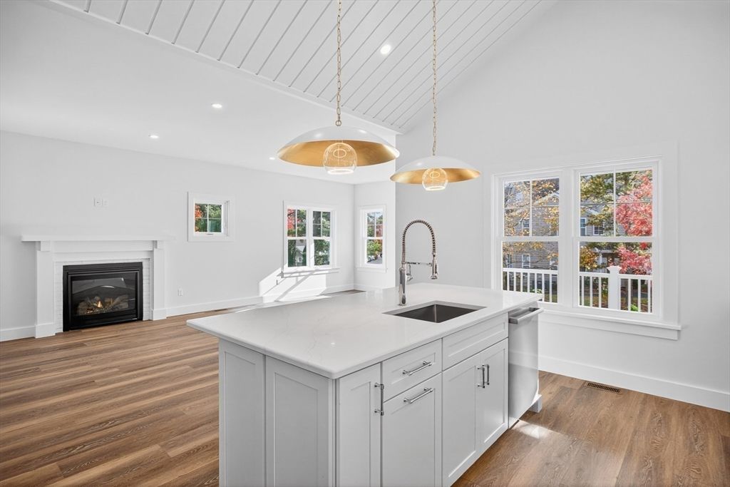 Fireplace, Interior, Kitchen, Pendant Lights, Recessed Lighting, Wood Texture Flooring