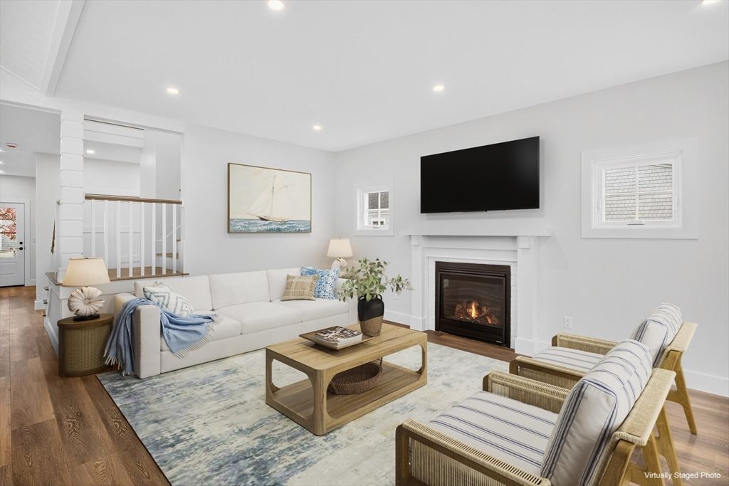 Fireplace, Interior, Living room, Recessed Lighting, Wood Texture Flooring