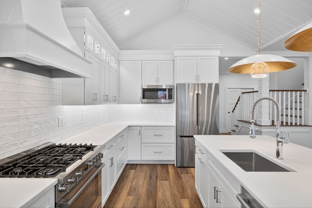 Interior, Kitchen, Pendant Lights, Recessed Lighting, Stainless Steel Appliances, Wood Texture Flooring