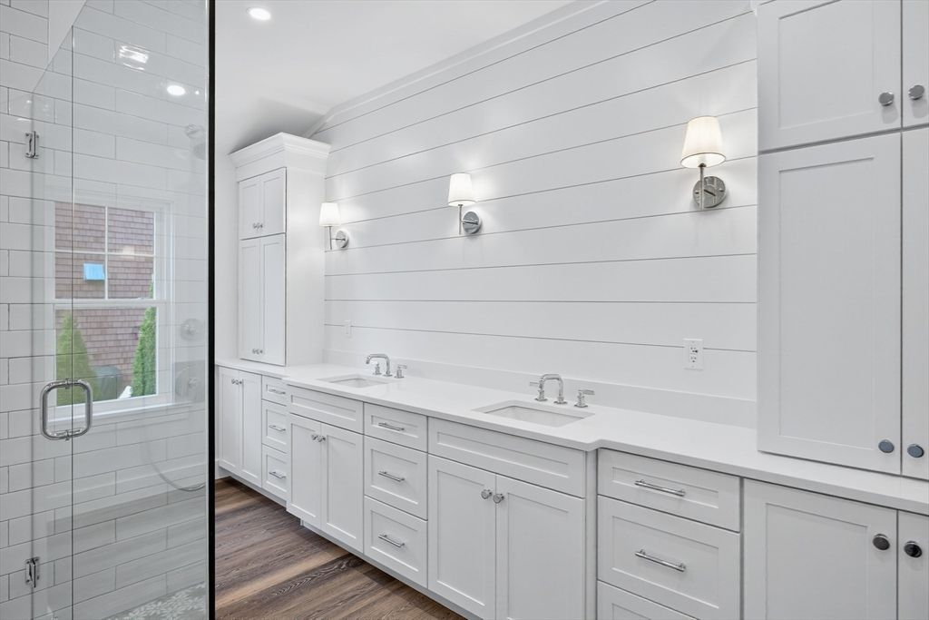 Bathroom, Dual Sink Vanities, Glass Shower, Interior, Recessed Lighting, Wood Texture Flooring