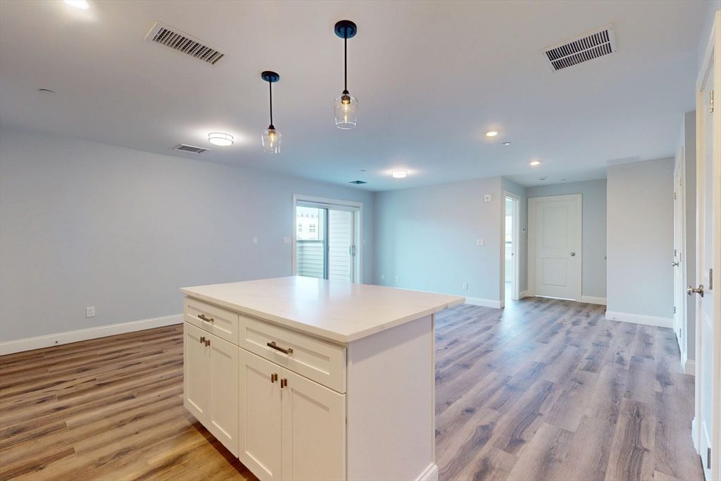 Empty room, Interior, Kitchen, Pendant Lights, Recessed Lighting, Wood Texture Flooring