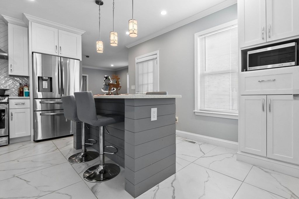 Interior, Kitchen, Marble, Pendant Lights, Recessed Lighting, Stainless Steel Appliances