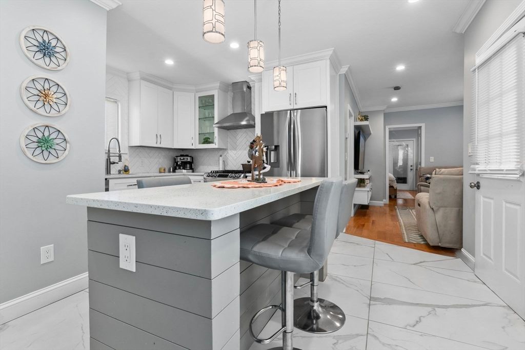 Interior, Kitchen, Marble, Pendant Lights, Recessed Lighting, Stainless Steel Appliances, Wood Texture Flooring