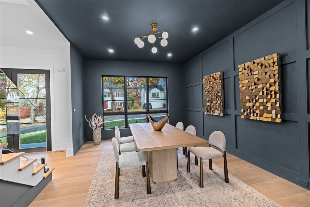 Dining room, Interior, Recessed Lighting, Wood Texture Flooring