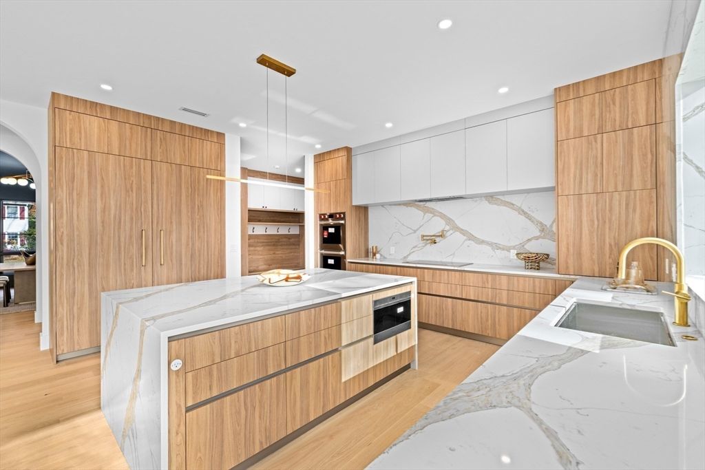 Interior, Kitchen, Marble Walls, Pendant Lights, Recessed Lighting, Wood Texture Flooring