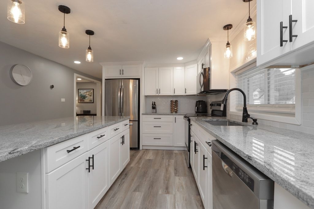 Interior, Kitchen, Pendant Lights, Recessed Lighting, Stainless Steel Appliances, Wood Texture Flooring