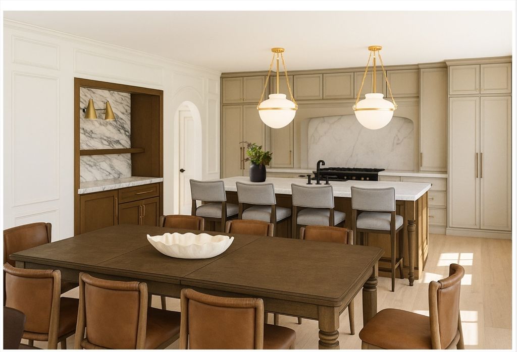 Dining room, Interior, Kitchen, Marble Walls, Pendant Lights, Wood Texture Flooring