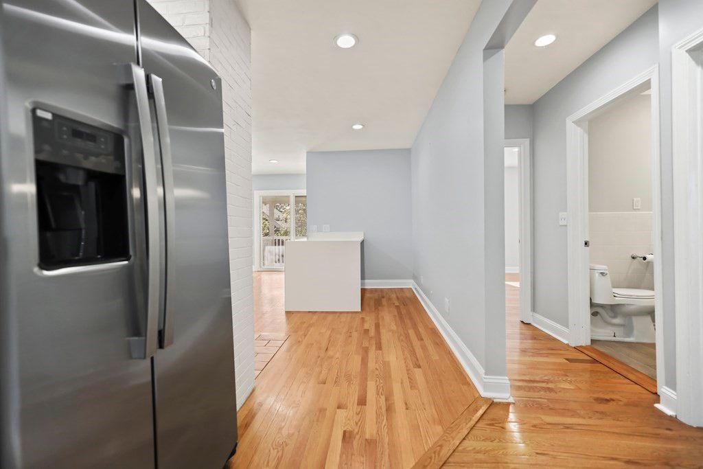 Bathroom, Interior, Kitchen, Recessed Lighting, Stainless Steel Appliances, Wood Texture Flooring