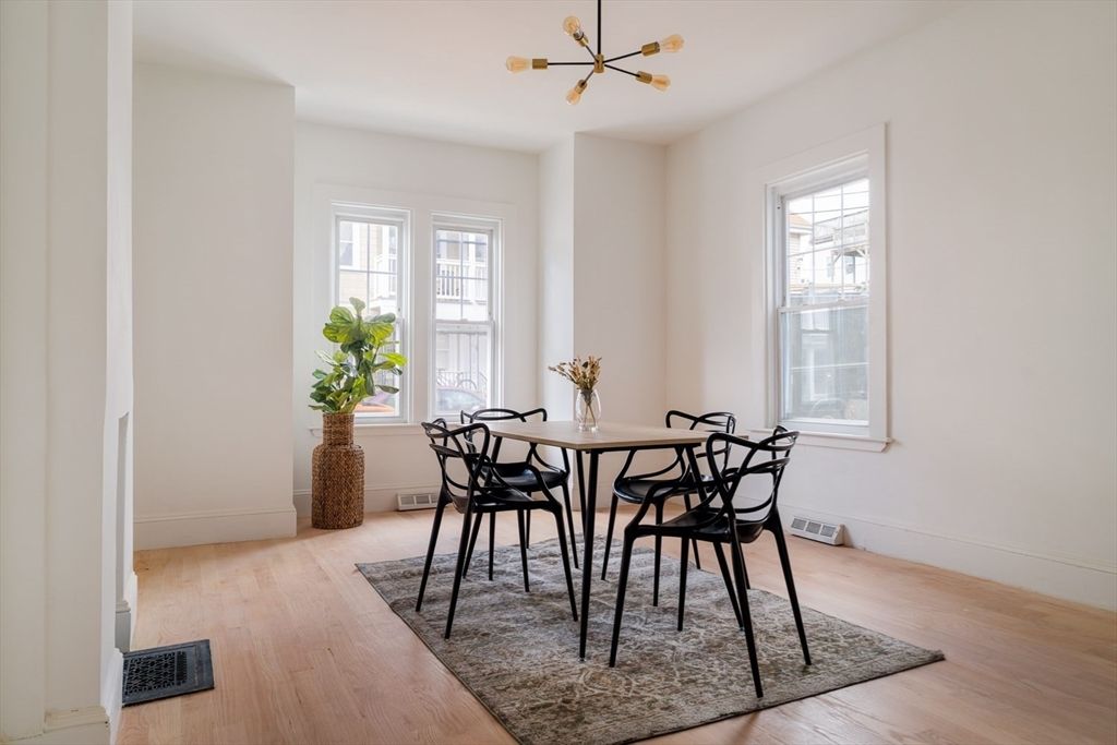 Dining room, Interior, Pendant Lights, Wood Texture Flooring