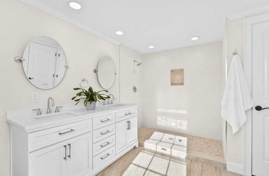Bathroom, Dual Sink Vanities, Interior, Recessed Lighting, Wood Texture Flooring
