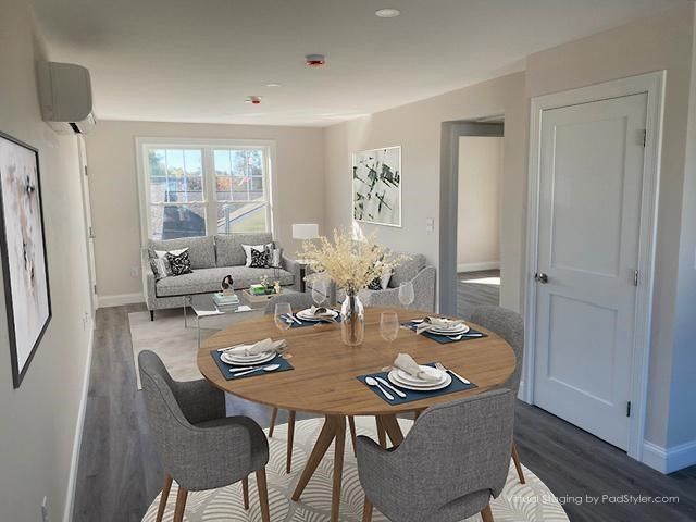 Dining room, Interior, Living room, Recessed Lighting, Wood Texture Flooring