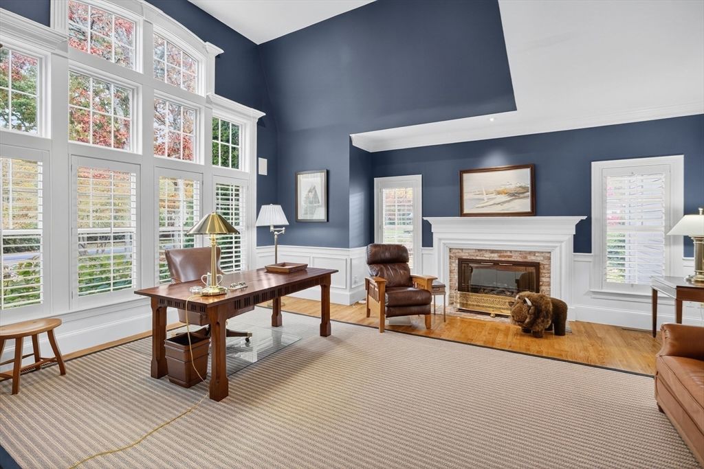 Fireplace, Home Office, Interior, Recessed Lighting, Wood Texture Flooring