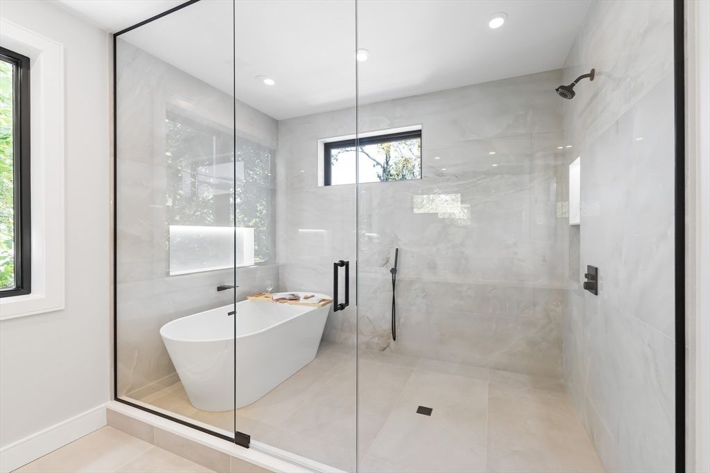 Bathroom, Free Standing Baths, Glass Shower, Interior, Marble Walls, Recessed Lighting