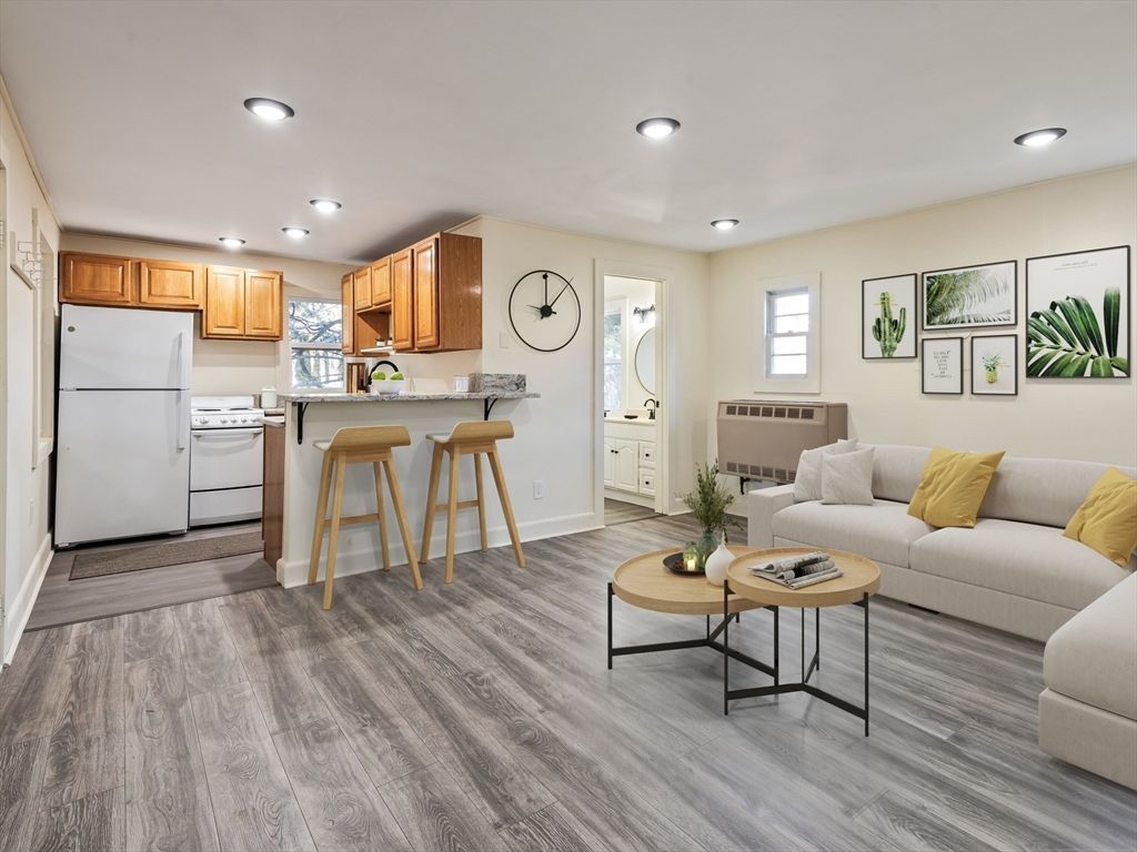 Interior, Kitchen, Living room, Recessed Lighting, Washer, Wood Texture Flooring