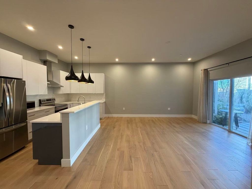 Interior, Kitchen, Pendant Lights, Recessed Lighting, Stainless Steel Appliances, Wood Texture Flooring