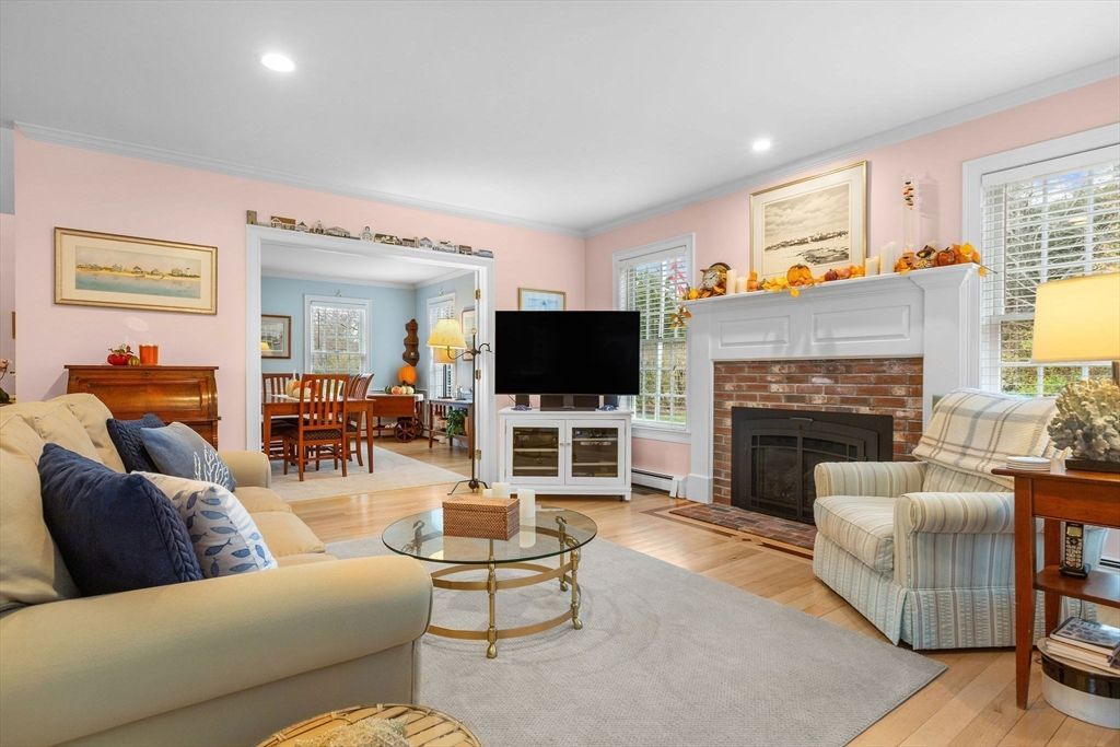 Dining room, Fireplace, Interior, Living room, Recessed Lighting, Wood Texture Flooring
