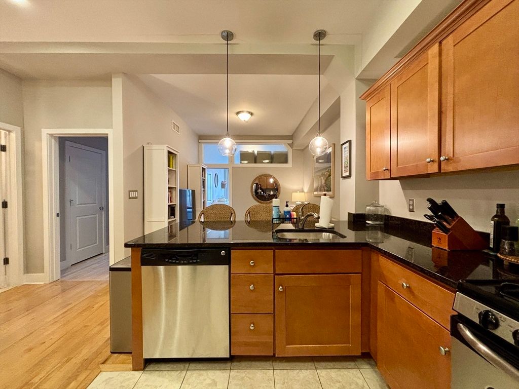 Interior, Kitchen, Pendant Lights, Stainless Steel Appliances, Wood Texture Flooring