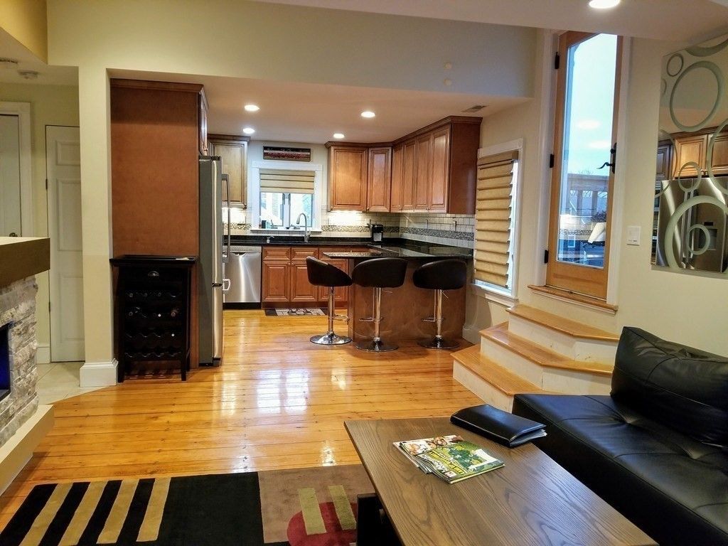 Fireplace, Interior, Kitchen, Recessed Lighting, Stainless Steel Appliances, Wood Texture Flooring