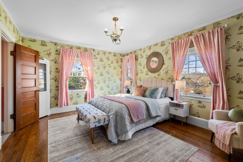 Bedroom, Chandelier, Interior, Wood Texture Flooring