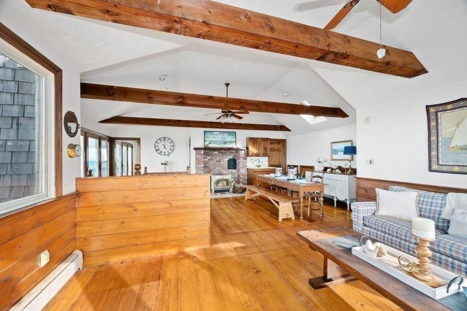 Dining room, Fireplace, Interior, Kitchen, Recessed Lighting, Wooden Beams, Wood Texture Flooring