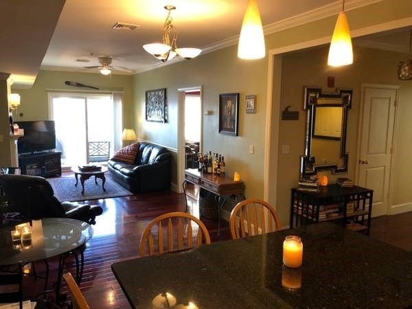 Dining room, Interior, Living room, Pendant Lights, Wood Texture Flooring