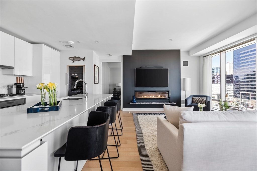 Fireplace, Interior, Kitchen, Living room, Recessed Lighting, Wood Texture Flooring