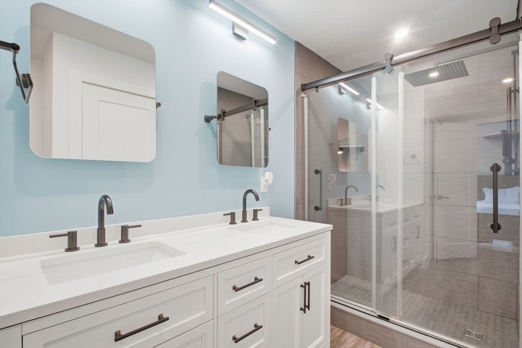 Bathroom, Dual Sink Vanities, Glass Shower, Interior, Recessed Lighting