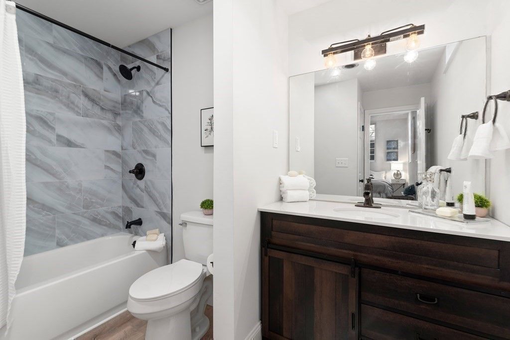 Bathroom, Interior, Marble Walls, Wood Texture Flooring