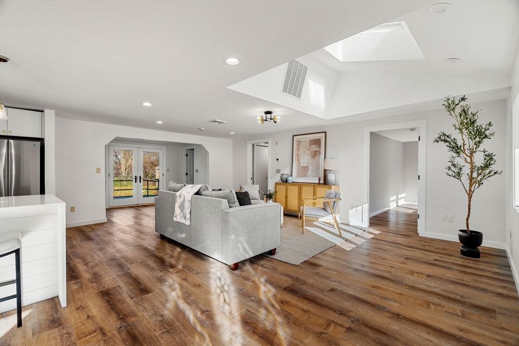 Fireplace, Interior, Living room, Recessed Lighting, Stainless Steel Appliances, Wood Texture Flooring