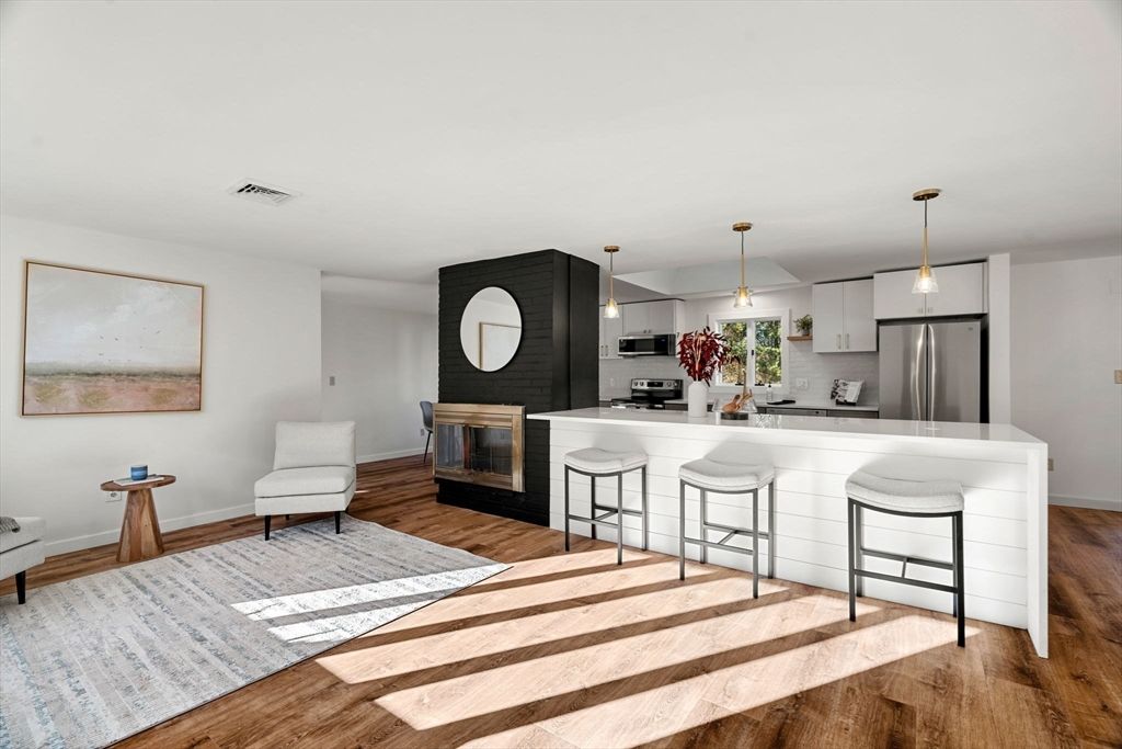 Interior, Kitchen, Pendant Lights, Stainless Steel Appliances, Wood Texture Flooring