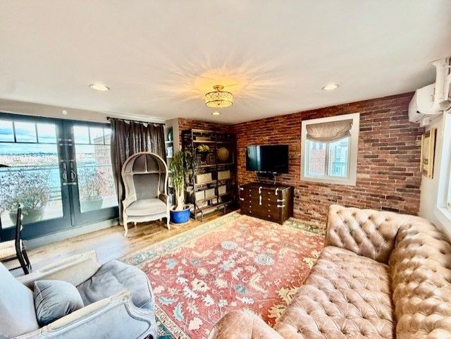 Interior, Living room, Recessed Lighting, Stone Walls, Wood Texture Flooring